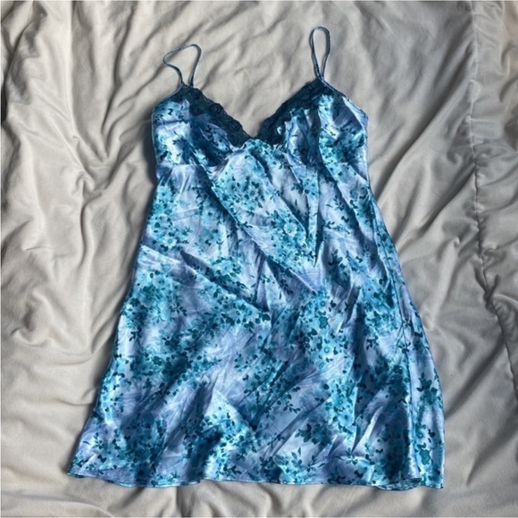 Secret Treasures Blue Floral Satin Slip Dress | Y2K Lingerie Aesthetic | Size L - Picture 1 of 6